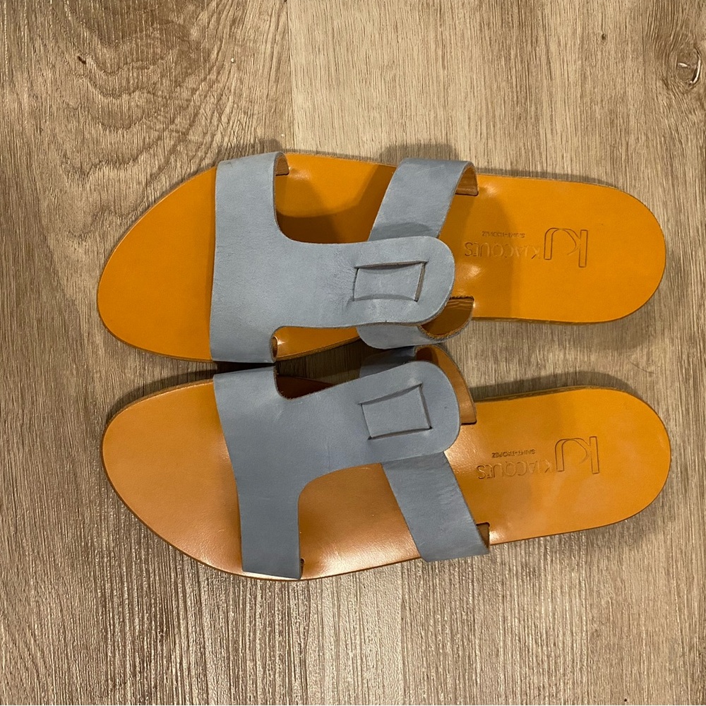 Blue and Tan Slide Sandals